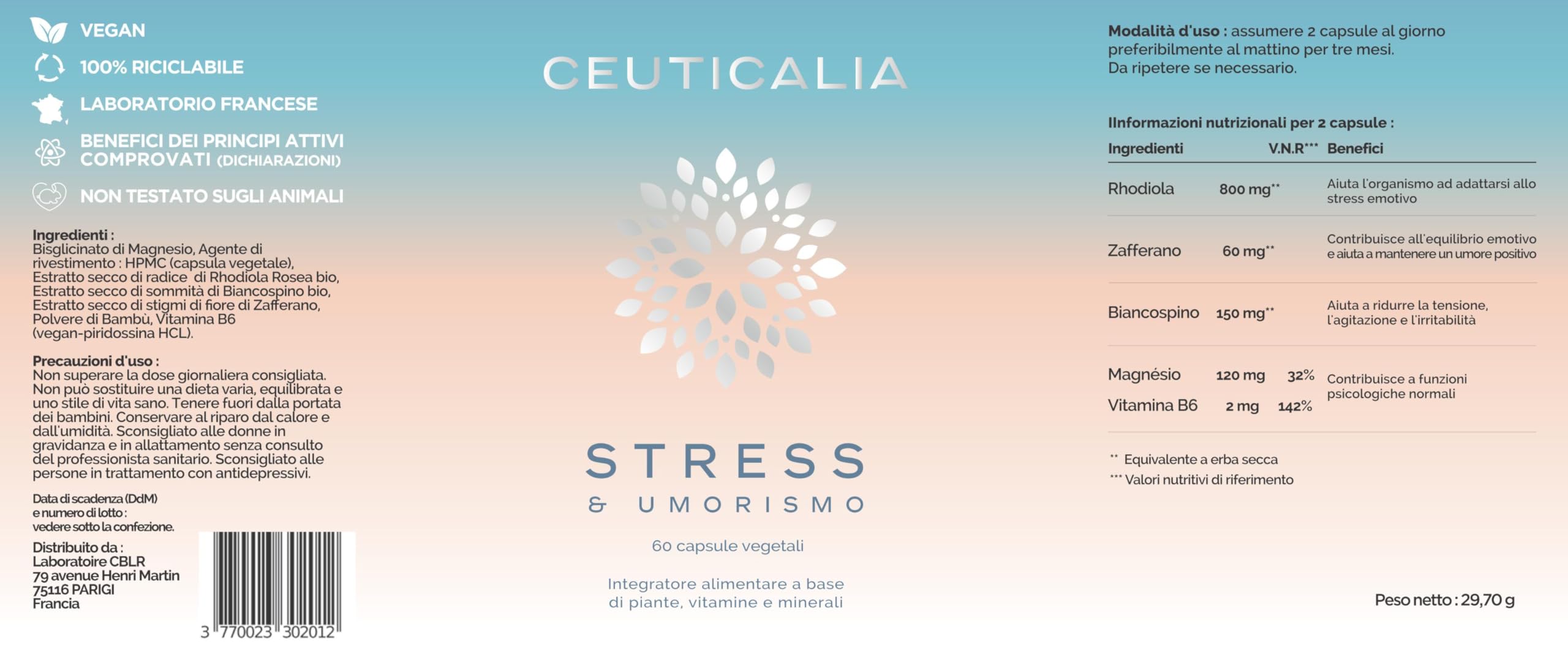 Integratore Alimentare per lo Stress, l´Ansia e l'Umore - Antistress, Benessere e Rilassamento - Per Adulti - Magnesio, Vitamina B6, Zafferano, Rodiola, Biancospino - 180 Capsule, 90 Giorni