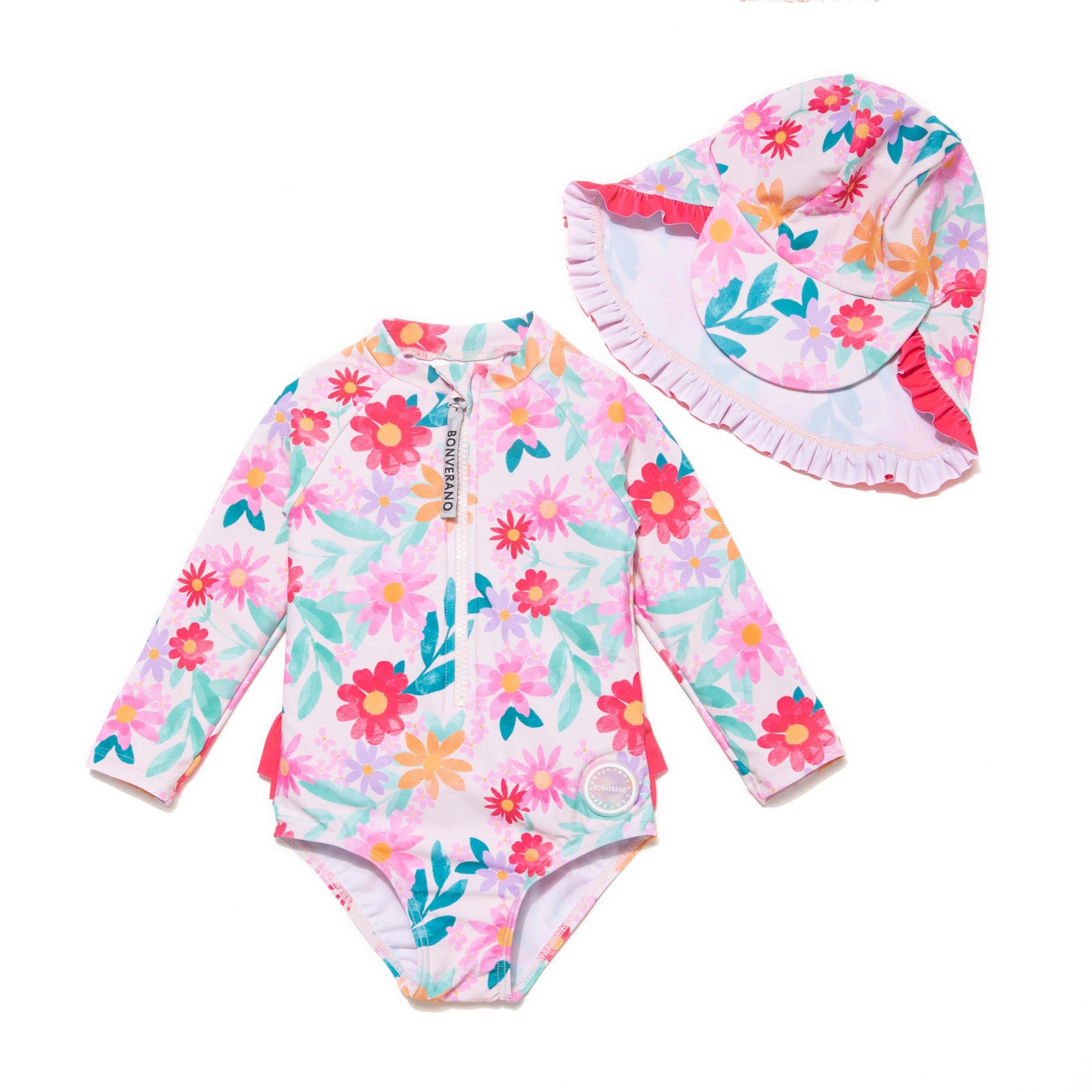 BONVERANO Traje de baño de una Pieza para niña, Mangas largas, protección UV 50+ con Gorra