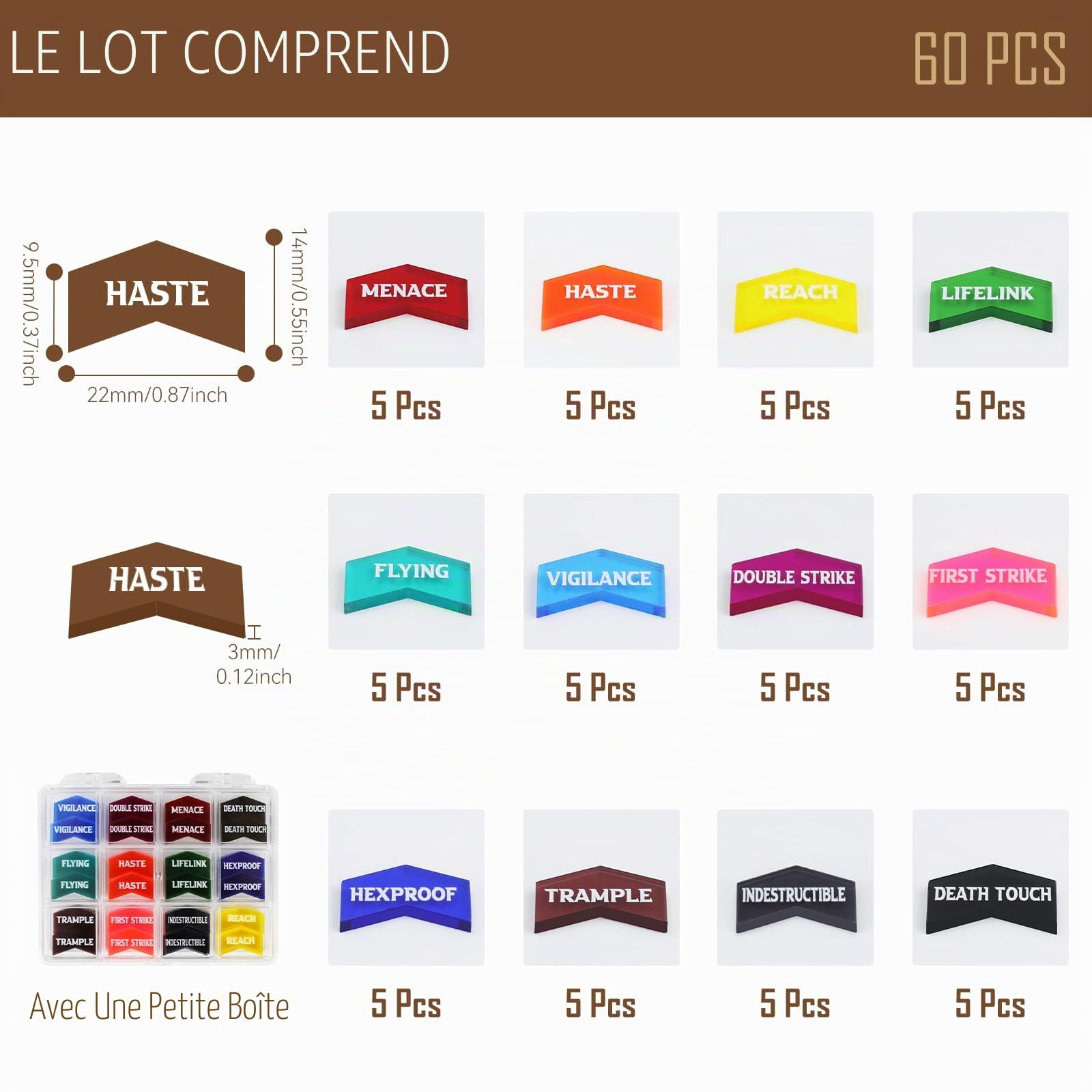60 jetons mots-clés MTG Abilities avec boîte, jetons MTG avec code couleur pour Magic The Gatering, compatibles avec TCG, accessoires de jeux de cartes magiques CCG