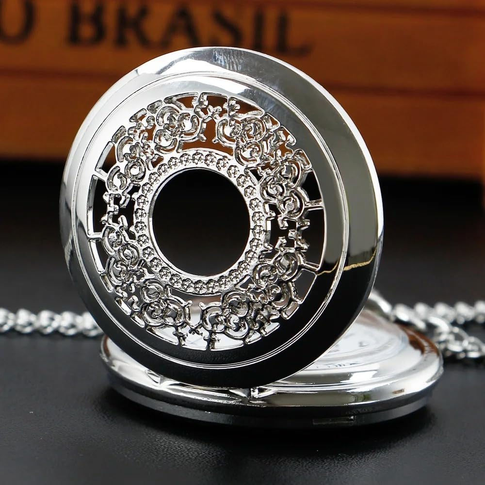Reloj de Bolsillo Cuarzo con diseño Hueco Plata, Cadena Antigua Moda Vintage, Colgante, Temporizador, Regalo