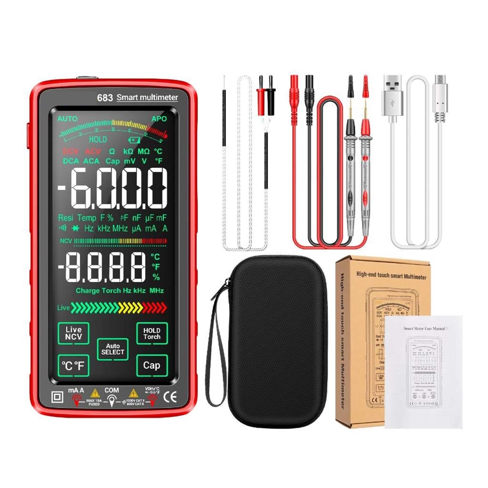 Multimetr Cyfrowy 6000 Zliczeń Smart Anti-burn Recharg Uniwersalny Miernik Tester NCV 5-calowa Podświetlana Latarka LCD(683 Red)