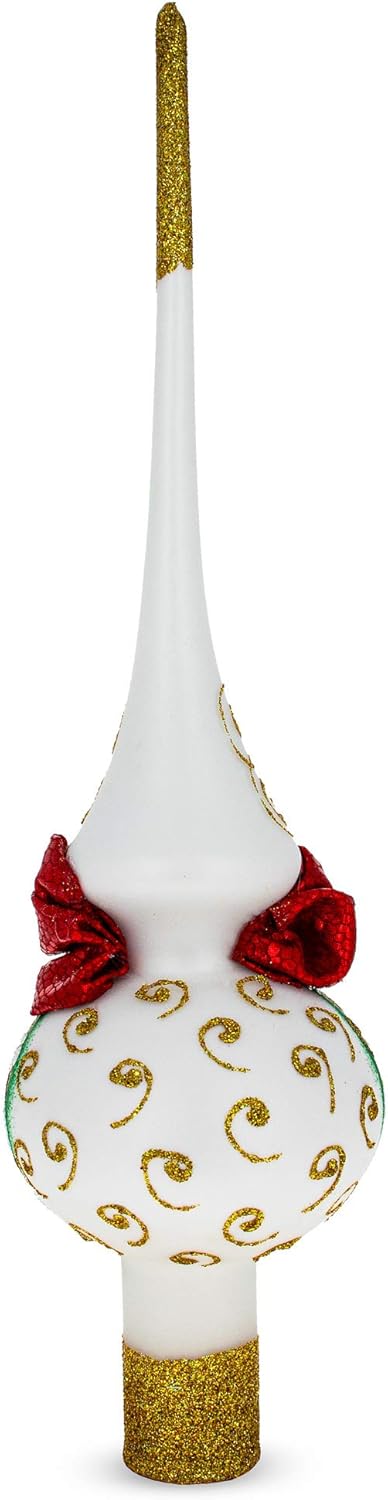 Bow and Bells on White Glass Christmas Tree Topper 11 Inches