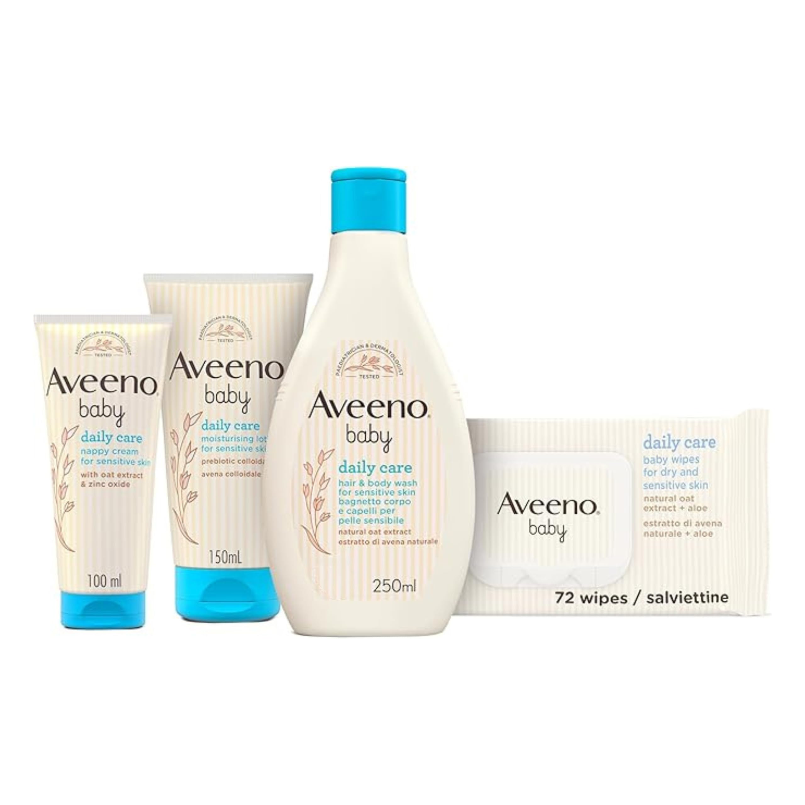 Aveeno Baby Set Cura Neonato, Per pelli sensibili – Esclusiva Amazon | Con pasta cambio pannolino 100 ml, Bagnoschiuma 250 ml, Crema idratante 150 ml, Salviettine per viso e corpo 72 pezzi