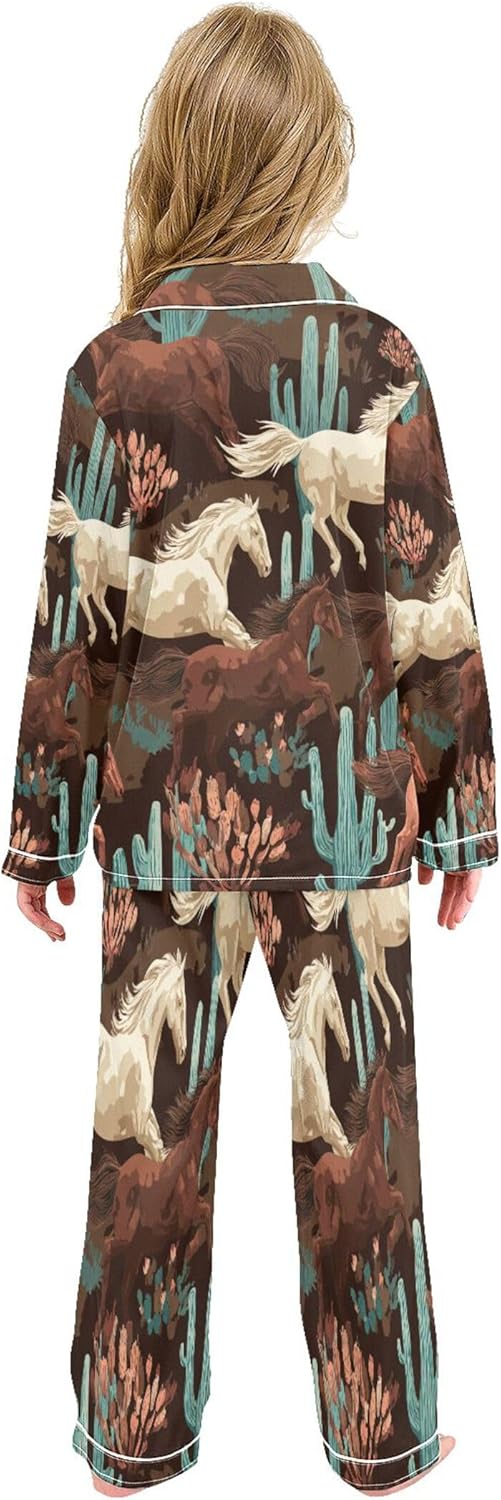 Horses Running Satin Pajama Set Long Sleeve Pajamas Silk Sleepwear 2 Piece Pjs for Girls Boys, Size 13-14 Years Multicolor