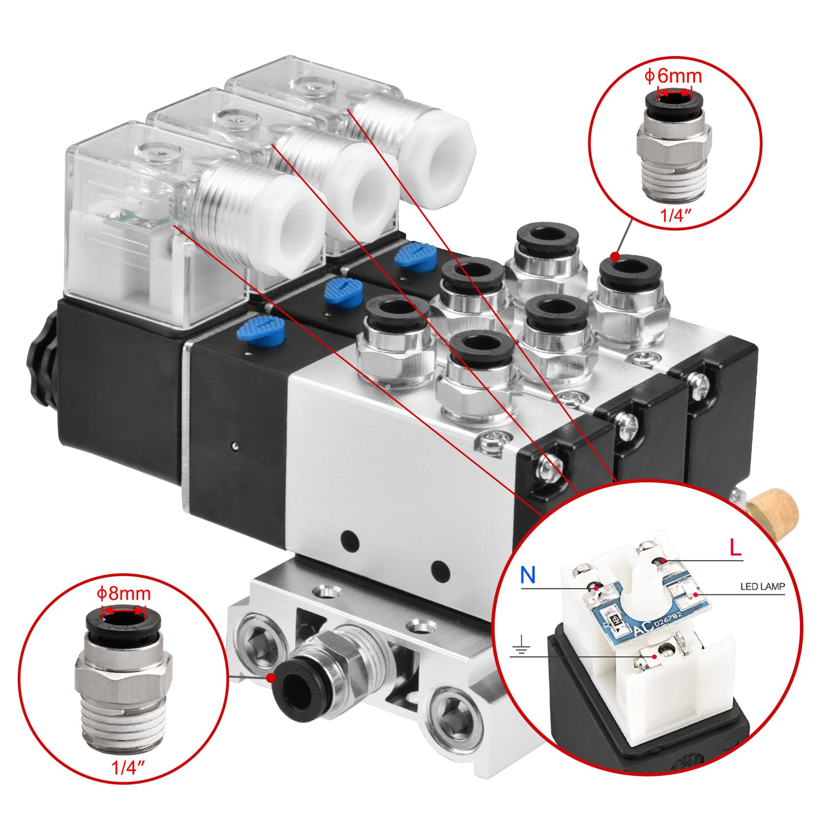 Heschen Eléctrica neumática triple válvula solenoide 4V210-08, AC220V, PT1/4'', 5 vías 2 posiciones, Manifold Base Silenciador Rápido Accesorios Conjunto