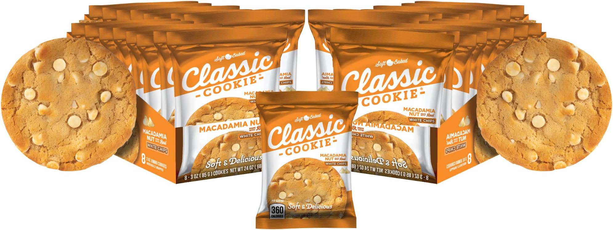 Classic Cookie Soft Baked Macadamia Nut Cookies made with White Chocolate Chips, 4 Boxes, 32 Individually Wrapped Cookies