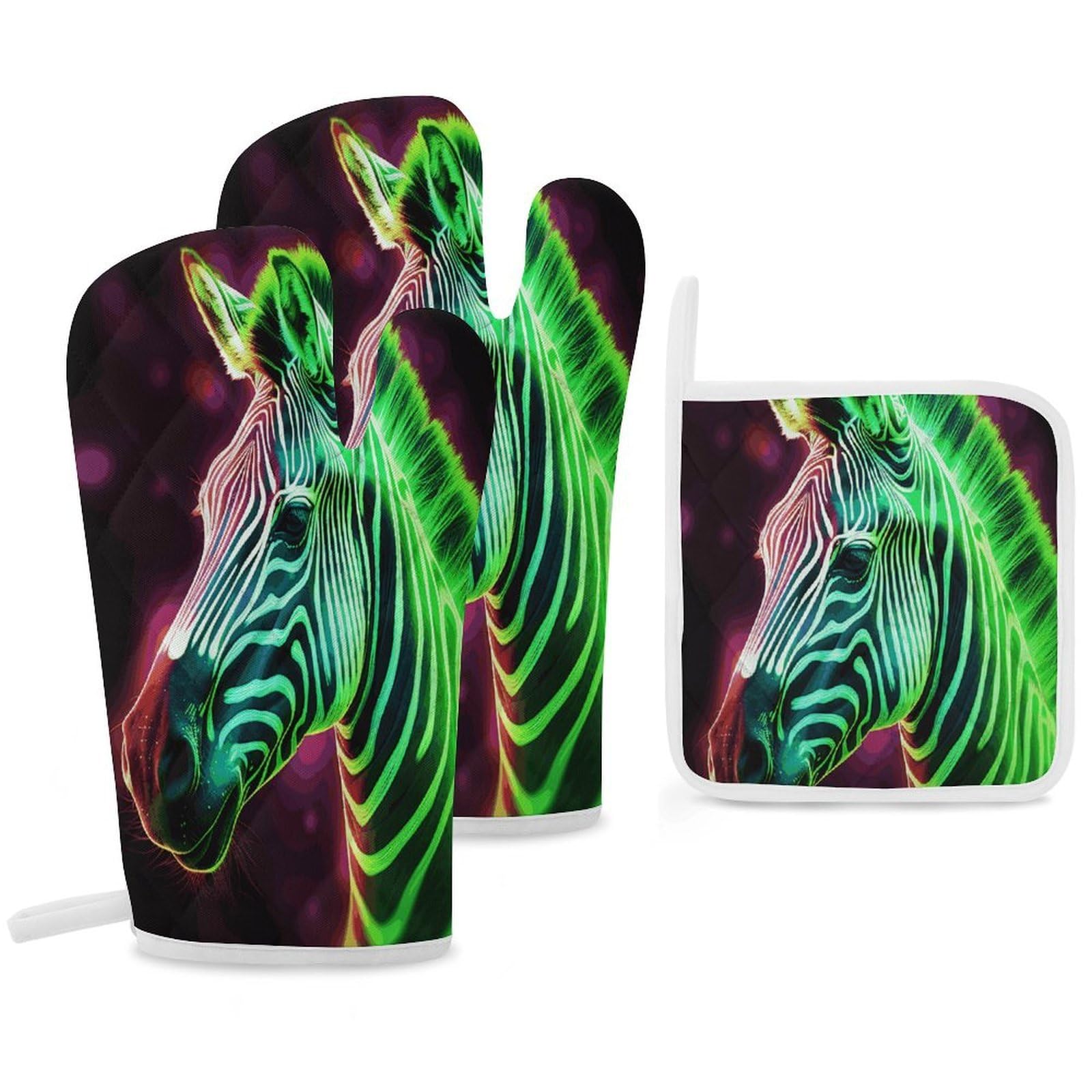 Fekiloot Style Glowing Zebra Oven Mitts Funny Heat Resistant,Oven Glove With Hanging Loop,Resistant Hot Pads For Kitchen Baking Grilling Cooking