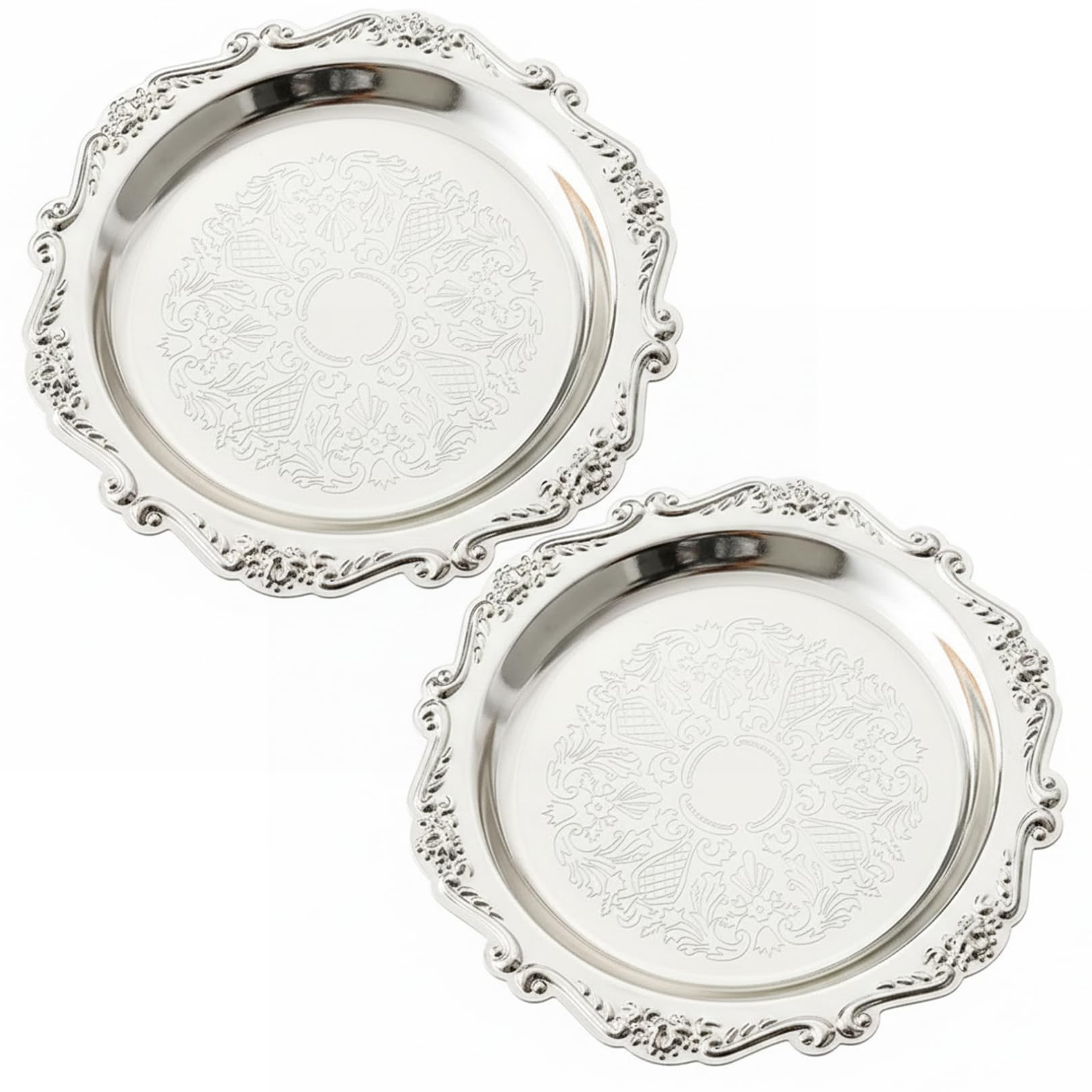 Silver Platter, Silver Tray 2PCS 7.9 inch Metal Platter Vintage Decorative Serving for Snacks Fruit Dessert