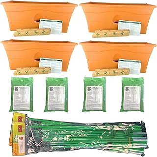 4 Terra Cotta Self-Watering GrowBoxes, Organic Fertilizer Covers, Soil Sweetener with 2 Staking Kits