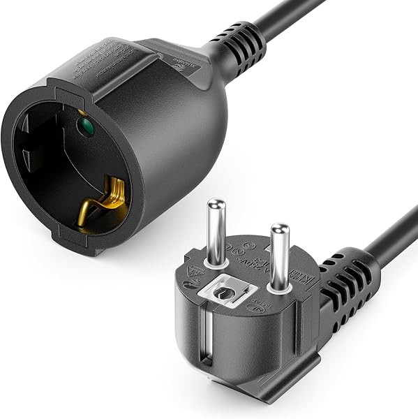 deleyCON 3,0m Cable de Extensión con Enchufe Tipo F (CEE 7/7) en ángulo de 90° a Toma (CEE 7/3) con Protección de Contacto, para TV, PC, Ordenador y Proyector - Negro - 1