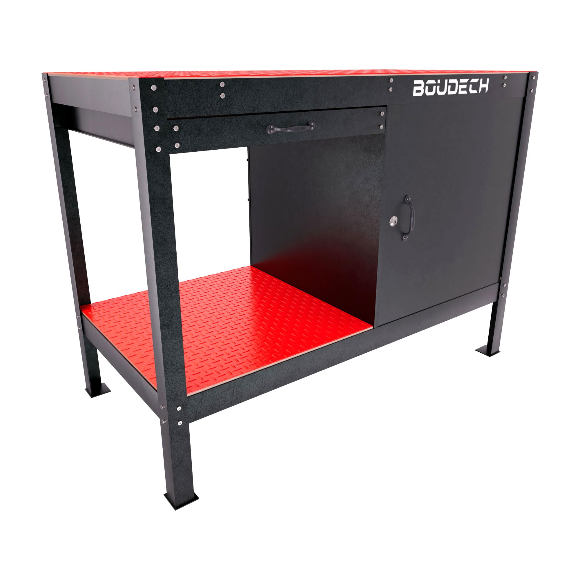 BOUDECH® MANNY - Banco da Lavoro 120x60 cm con Cassetto Porta Utensili 1 Anta e 1 Ripiano Aperto in Metallo Nero