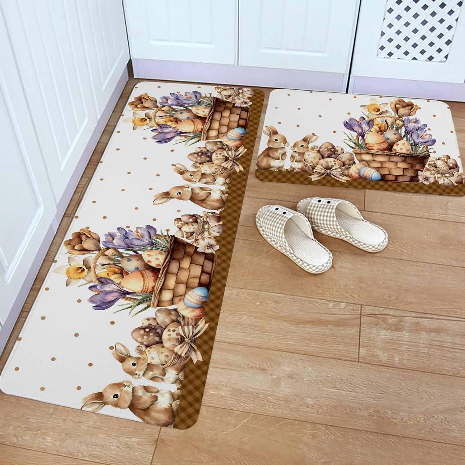 Easter Bunny Kitchen Rugs and Mats Set of 2, Non-Slip Kitchen Sink Mat, Brown Eggs Floral Rabbits Farmhouse Dots Plaid Washable Doormat Bathroom Rugs Runner for Bedroom 19.7"x23.6"+19.7"x47.2"