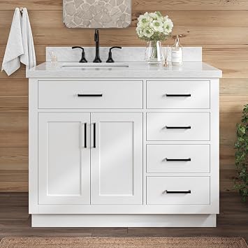 ARIEL Hepburn 42-inch Bathroom Vanity with Sink,Solid Wood, 1.5-inch Italian Carrara Marble Countertop, Single Rectangular Porcelain Sink, 2 Soft Closing Doors, 5 Dovetail Drawers, White