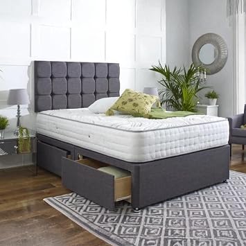 Bonanza Upholstered Plush Divan Base with 20  Cube Padded Headboard | Solid Divan Bed Base Storage Drawers | 10  Orthopaedic Spring Mattress Silver No Mattress, 3ft Single No Drawers