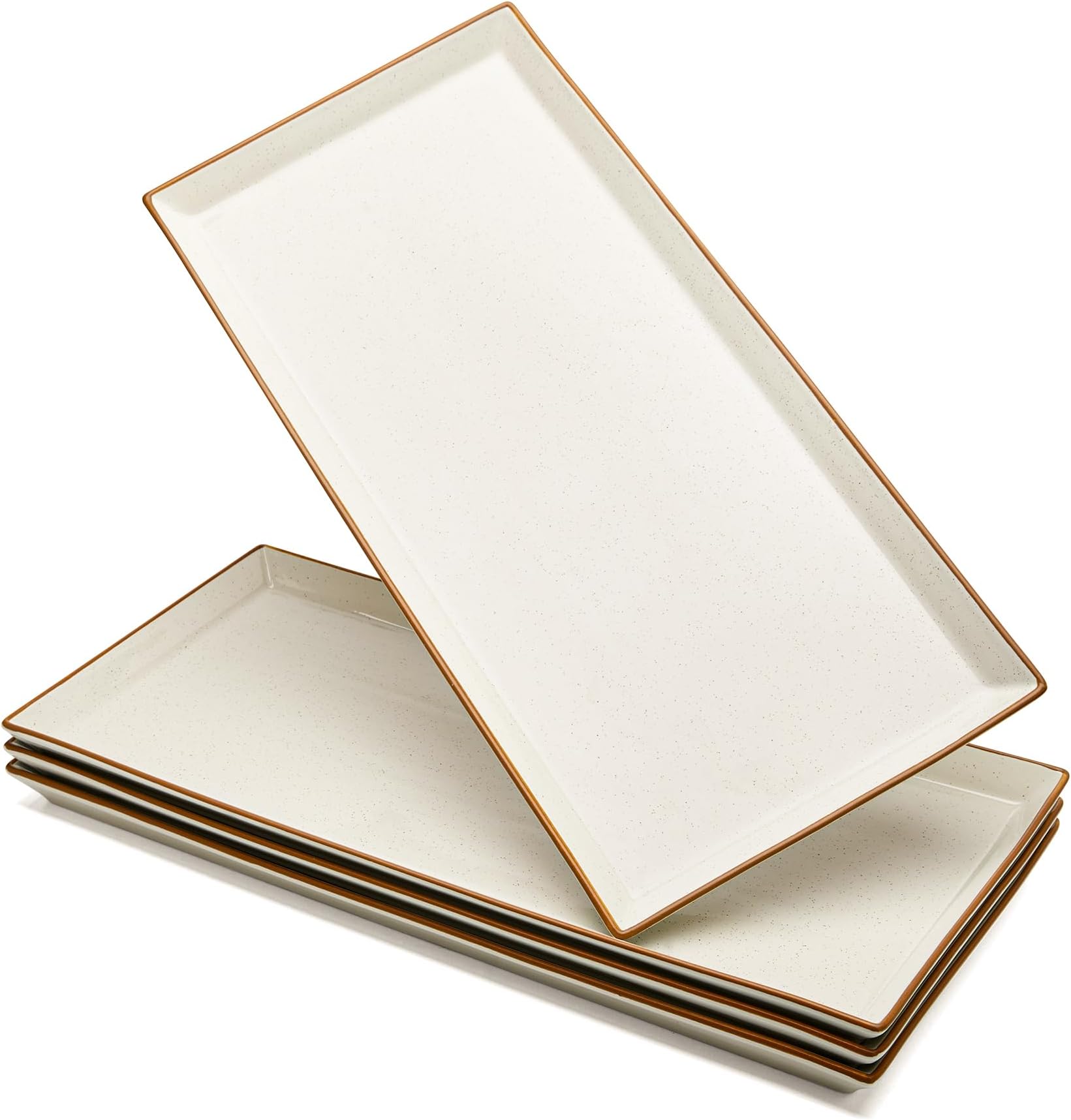 Sweese Serving Platters, Porcelain Vanilla White with Brown Trim Serving Trays for Parties, Food and Turkey, Large Rectangular Plates - 15.5 Inch, Set of 4
