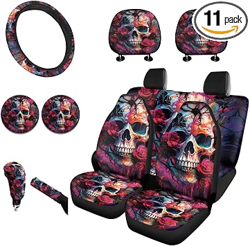 Horeset Skeleton Rose Car Seat Cover Full Set with Car Seat Headrest Cover/Steering Wheel Cover/Cup Pad/Gear Shift Knob and Handbrake Cover Accessories Interior Decor10-Piece