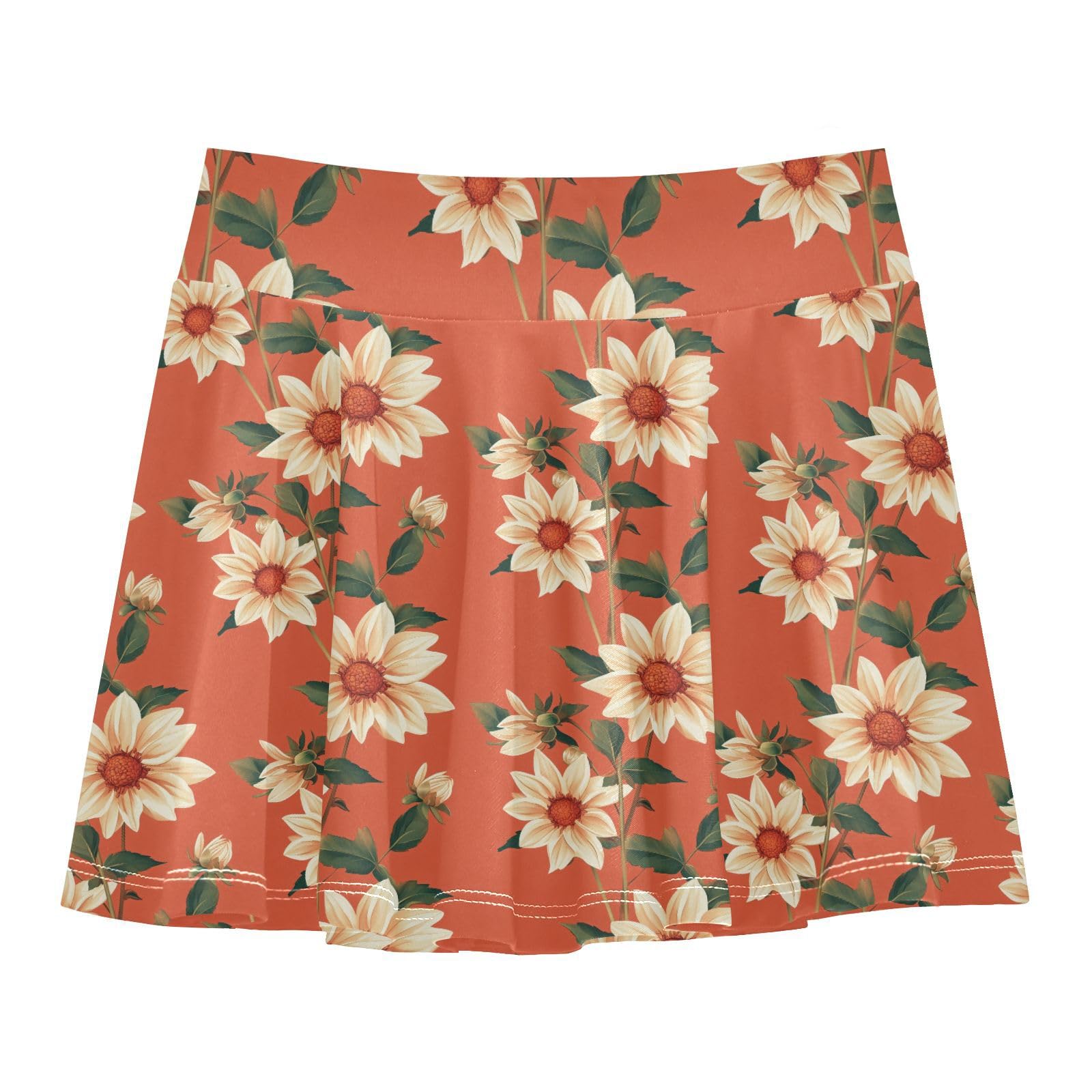 Vintage Dahlia Flowy Tennis Skirt for Girls with Shorts Pleated Skirt for Kids with Pockets Girl Skort Terracotta