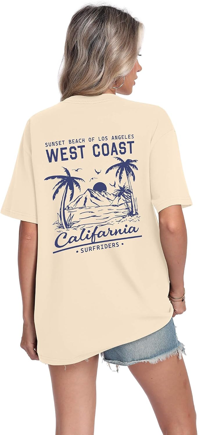 Mens Graphic T-Shirts Short Sleeve WEST Coast Palm Tree Print Summer Top 100% Cotton Casual California Tees for Men