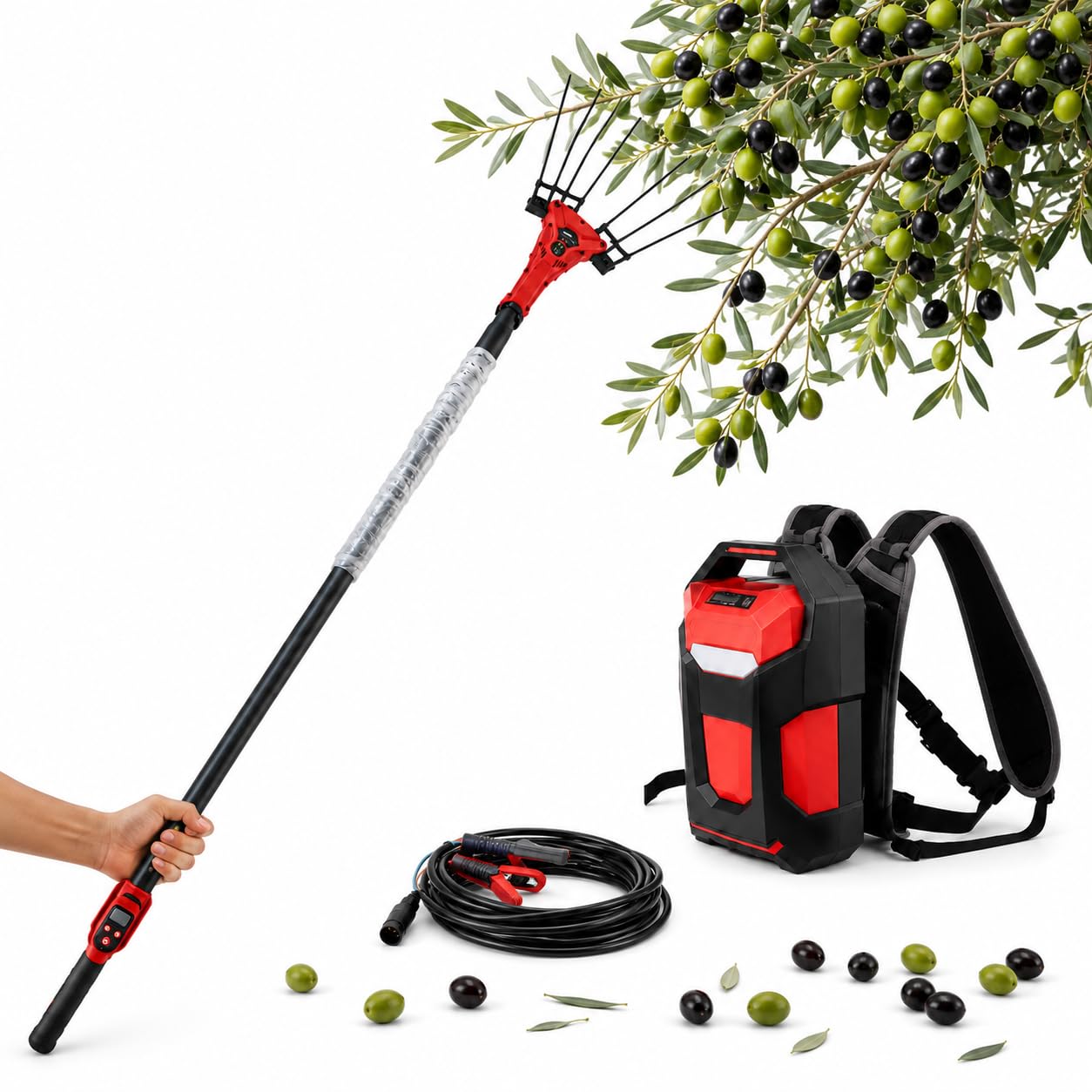 Vareador Eléctrico De Aceitunas, Máquina Recolectora De Aceitunas 250 W/600 W con Vara Telescópica De 2 M–3 M, 6500 RPM, 6 Niveles De Vibración Ajustables, Mango con Pantalla Led 250w