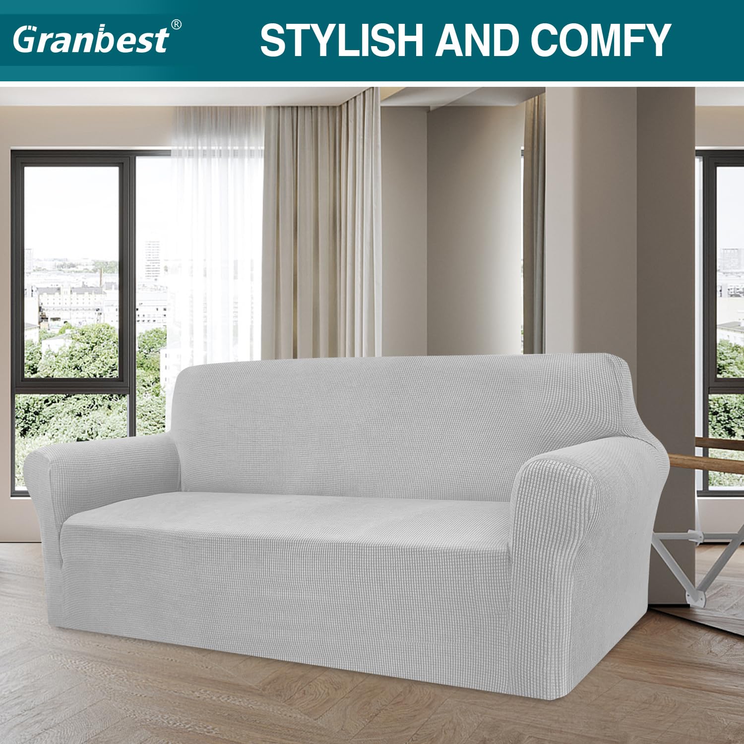 Granbest Copridivano ad alta elasticità, moderno copridivano jacquard, elasticizzato, per soggiorno, protezione per cani, animali domestici (3 posti, grigio argento)