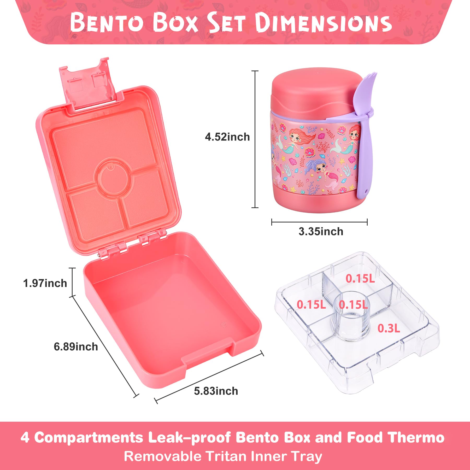 Bento zestaw pudełek na lunch z termosem do zupy 295 ml, szczelne pojemniki na lunch z 4 przegródkami, termoizolacyjna torba na żywność dla dzieci, pojemniki na żywność do szkoły (syrenka)