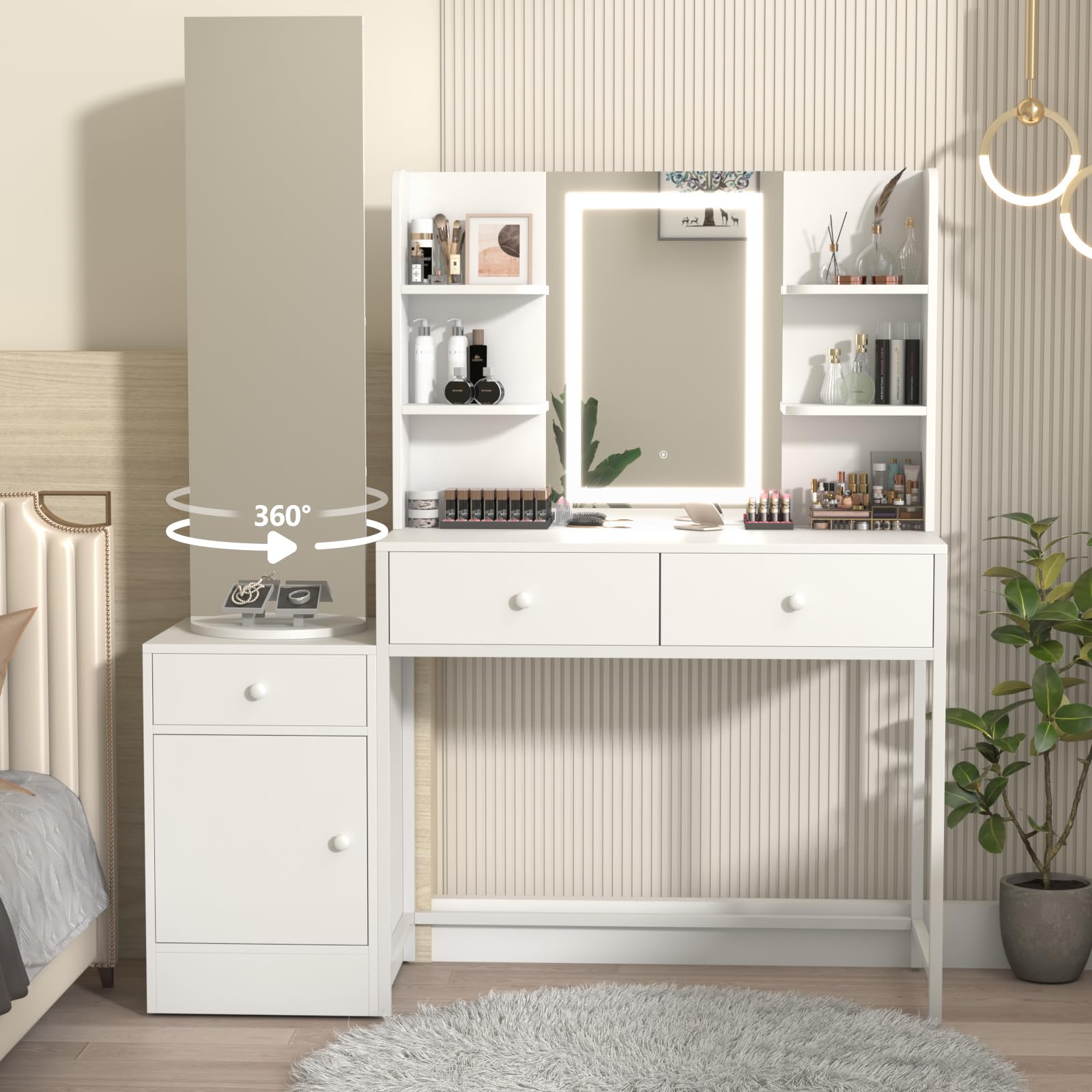 Vanity Desk with LED Lighted Mirror, Makeup Table with Drawers, Cabinet, Open Shelves, 3 Light Modes, Swivel Mirror with Storage Shelf