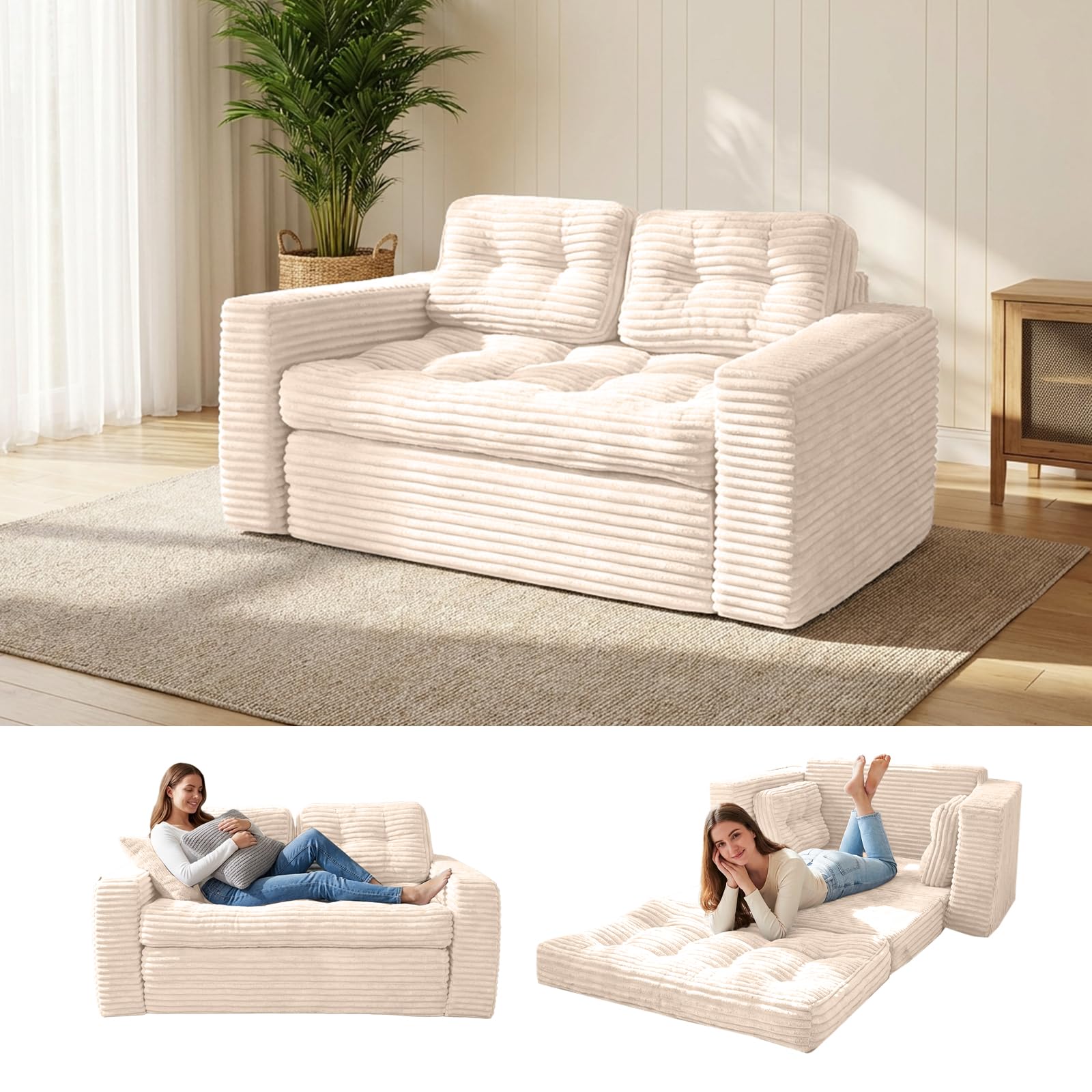GreenWhim 2-in-1 Convertible Sofa Bed, Grey Corded Fabric Loveseat Futon with High-Density Foam, Folding Floor Couch for Small Spaces (White)