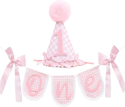 Pink Gingham First Birthday Party Decoration Set, ONE Banner 80 inches, Pink Gingham Party Hat, 5.5 inches, Pom Pom Topper with Number 1, Girls Birthday Decoration