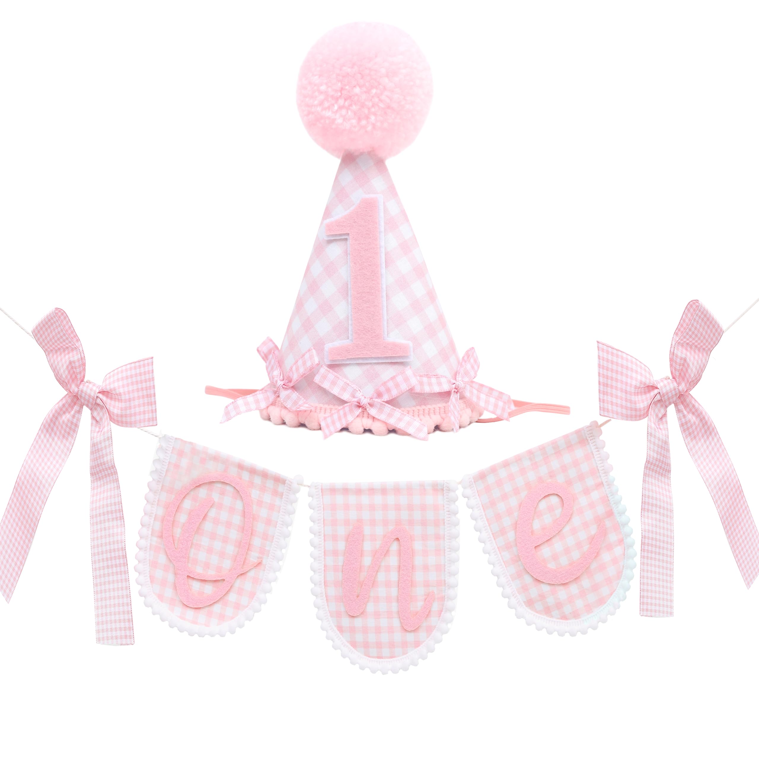 Pink Gingham First Birthday Party Decoration Set, ONE Banner 80 inches, Pink Gingham Party Hat, 5.5 inches, Pom Pom Topper with Number 1, Girls Birthday Decoration