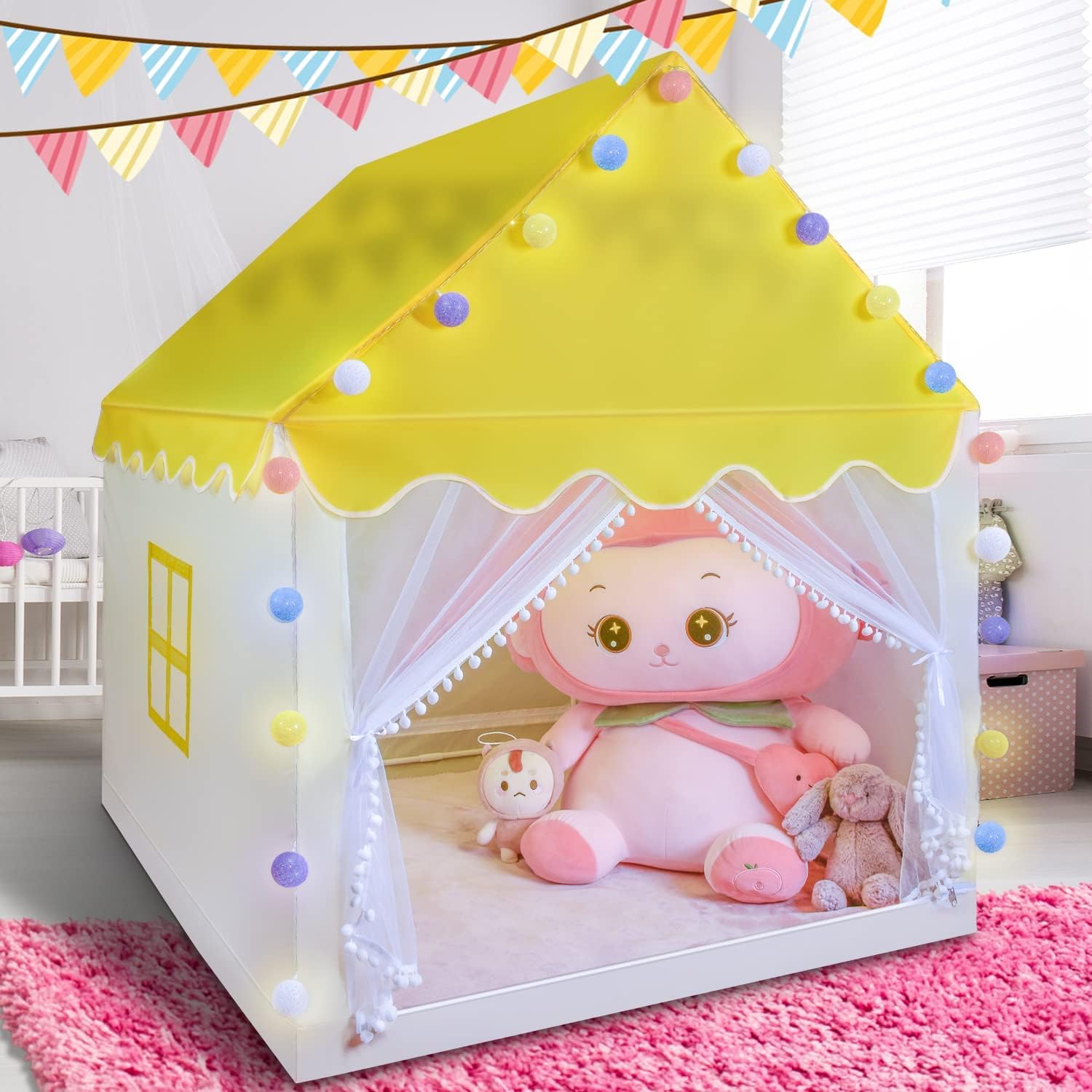 Kids Playhouse Tent for Boys Girls- Castle Play Tent Large Space Playhouse with LED Lights and Cotton Ball Lights for Children Toddler Indoor and Outdoor Christmas Birthday Gift Toys