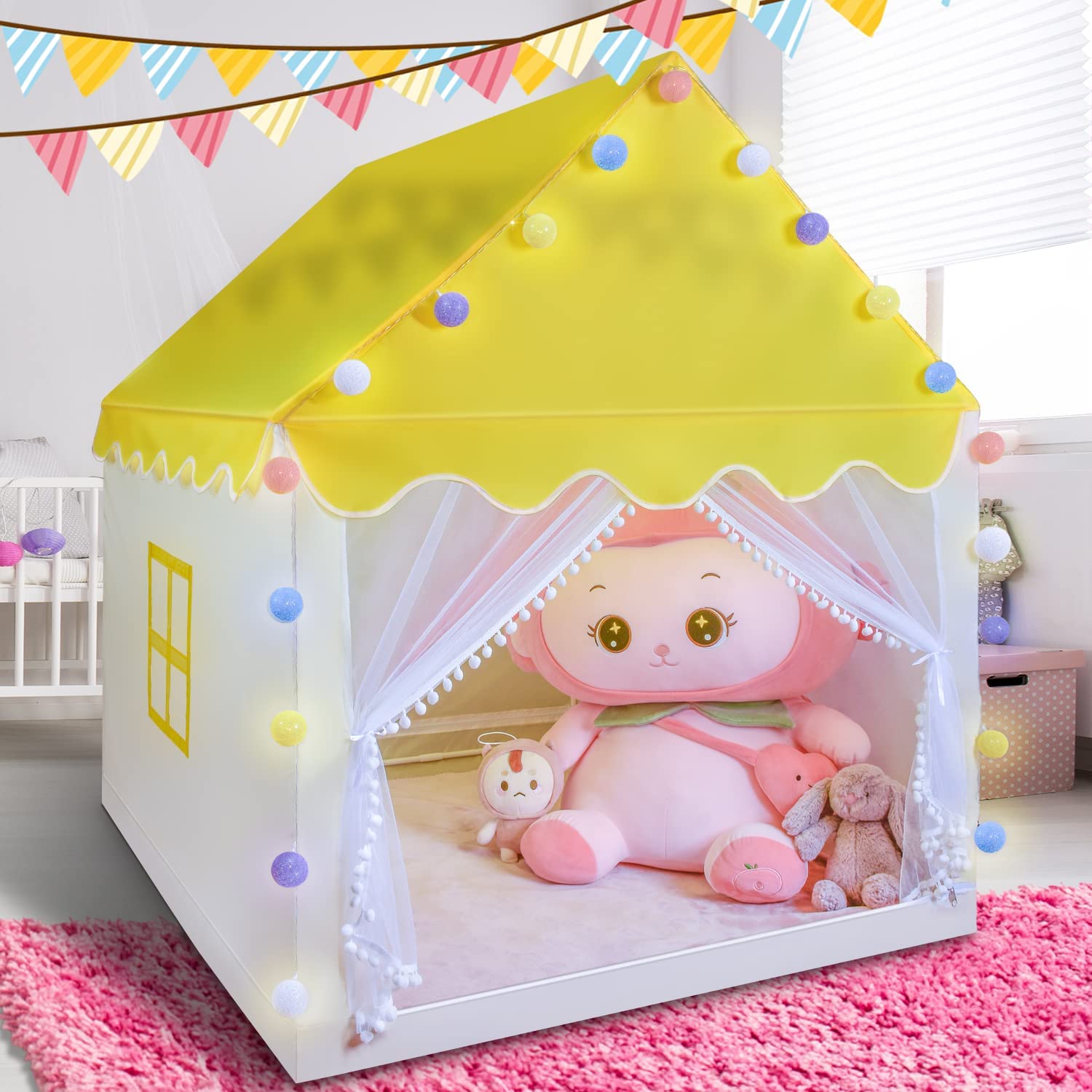 Kids Playhouse Tent for Boys Girls- Castle Play Tent Large Space Playhouse with LED Lights and Cotton Ball Lights for Children Toddler Indoor and Outdoor Christmas Birthday Gift Toys