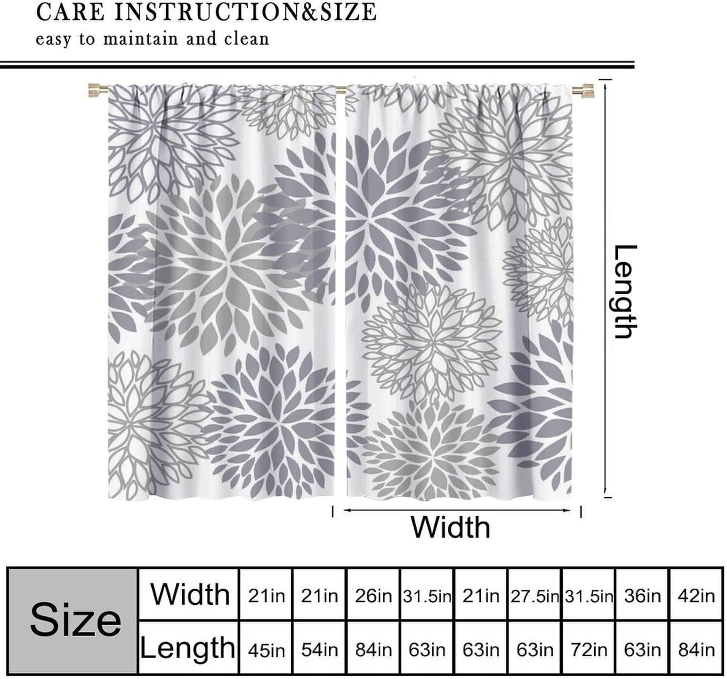 Farmhouse Grey Floral Curtains,Mandala Boho Spring Blossom Dahlia Window Treatments for Bedroom Living Room Kitchen Rustic Flower Minimalist Design Drapes 2 Panels Total Size 42 x 54 Inch