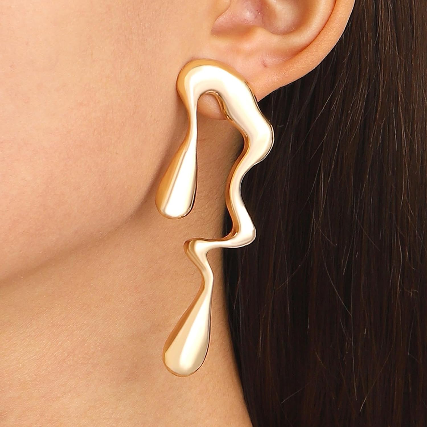 Handmade Irregular Waterdrop Earrings for Women Geometric Rectangle Gold Stud Earrings Hammered Chunky Statement Square Earrings Melting Liquid Asymmetrical Earrings Jewelry for Girls Gifts - Image 6