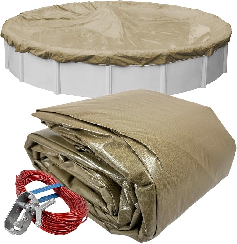 Pool Mate 24 ft Extra Strength Platinum Pool Cover for Above Ground Pools | Sandstone Winter Pool Cover, 4 ft Overlap (28ft Cover Size), Solid 12 x 12 Scrim, 3.7 oz/yd2, 15-Year Warranty, Style: 5724-4