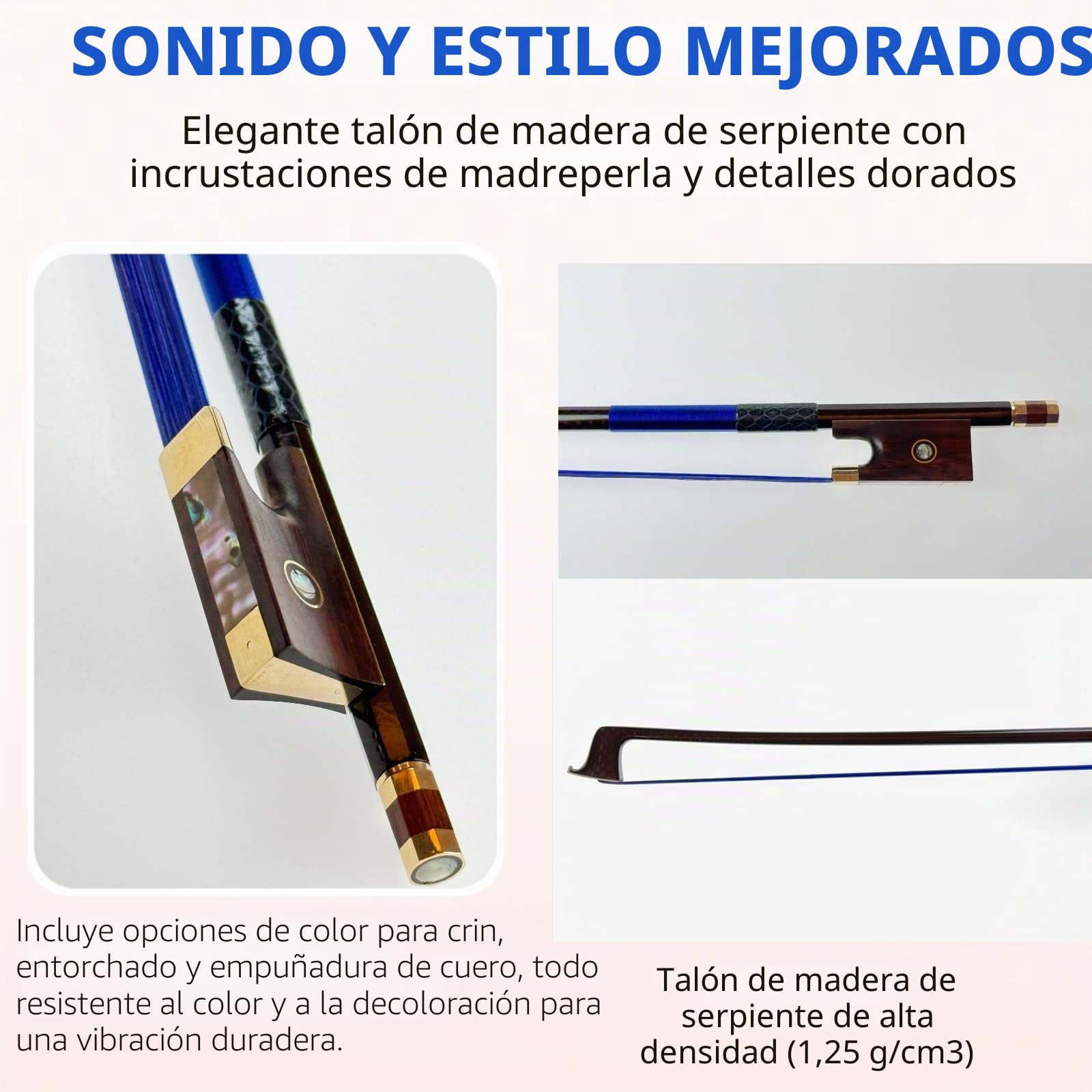 Arco para violín de fibra de carbono 4/4, ultraligero e irrompible con crin de caballo de colores, incrustaciones de rana de madera de serpiente y nácar, grado profesional para viajes y actuaciones