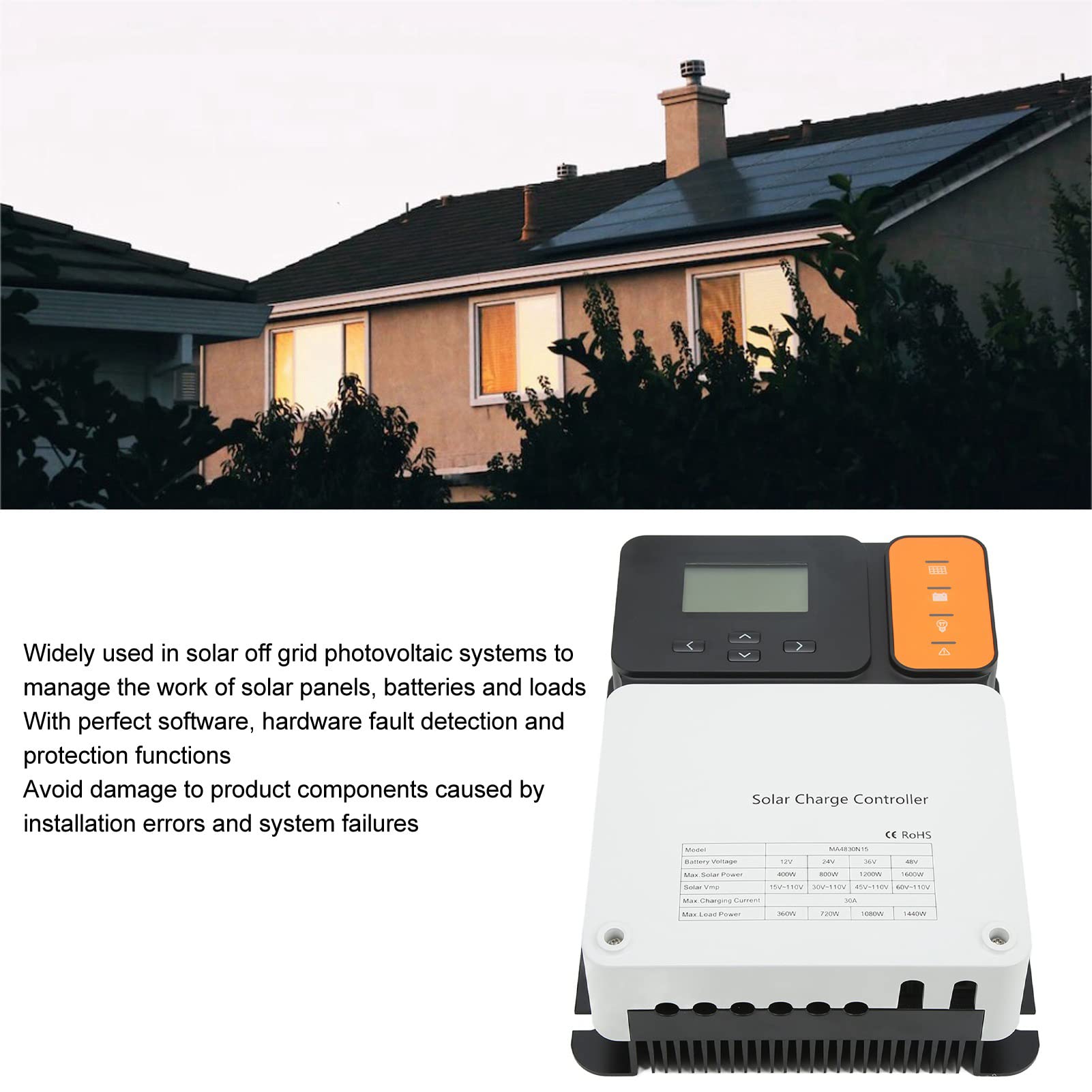 YWBL-WH Kontroler ładowania Słonecznego MPPT, Regulator Panelu Słonecznego ze Stopu Aluminium 30A 12 V 24 V 36 48 Automatyczny, Wejście PV 150 , , do ładowania Akumulatora w Kabinie Morskiej RV Poza