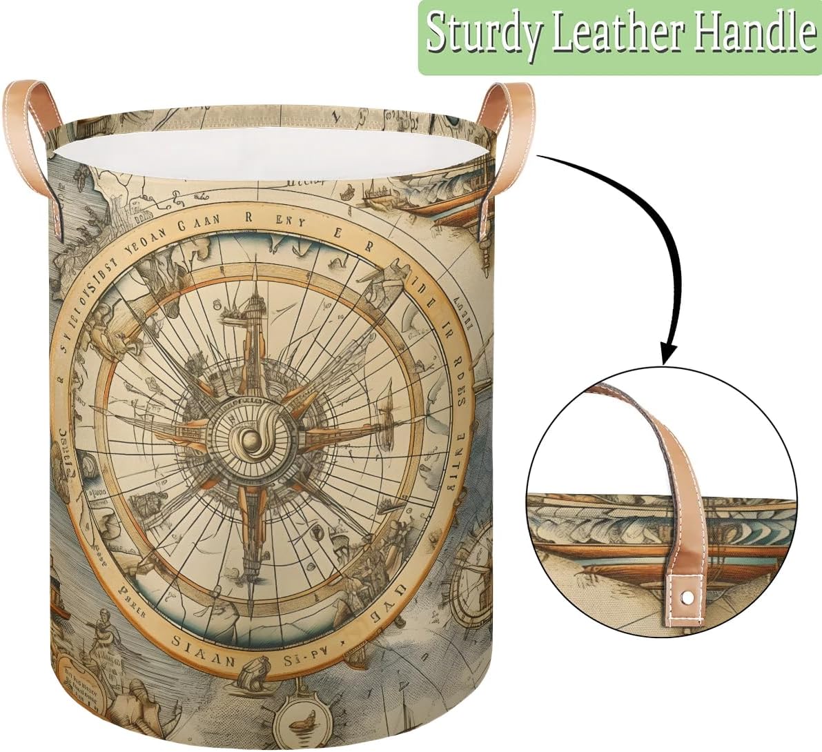 Compass Navigation Round Laundry Basket, Large Clothes Hamper with Leather Handle, Collapsible Laundry Hamper Storage Bin for Home Dorm Office