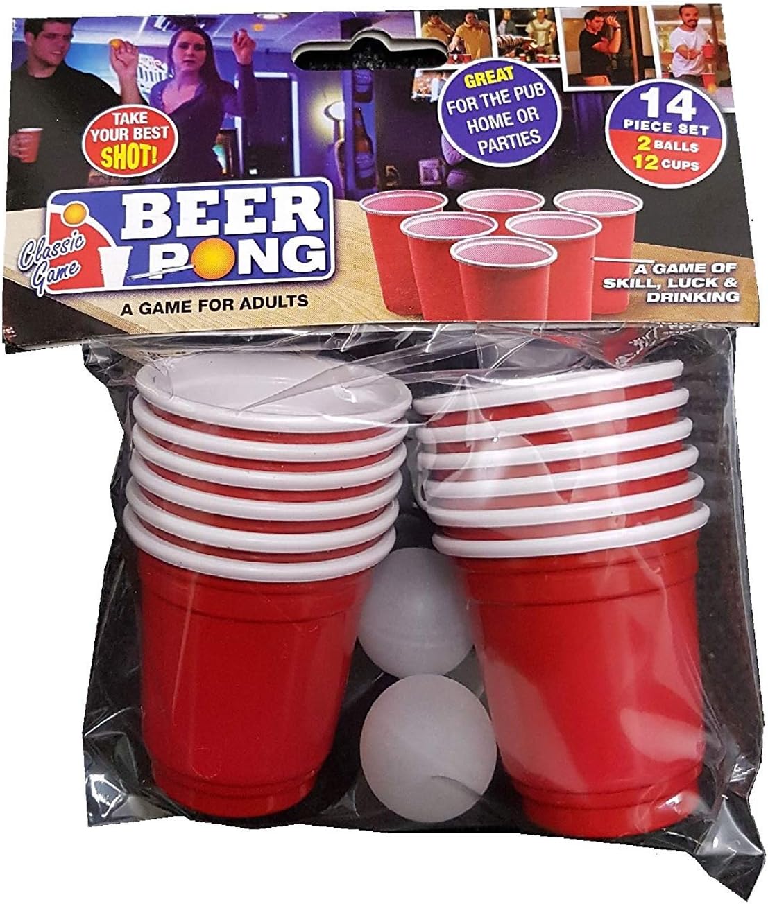 Ultimate 18+ Party Essential Mini Beer Pong Set (1 Set) - 12 60ml Red Cups & 2 White Balls - Perfect for Adult Parties