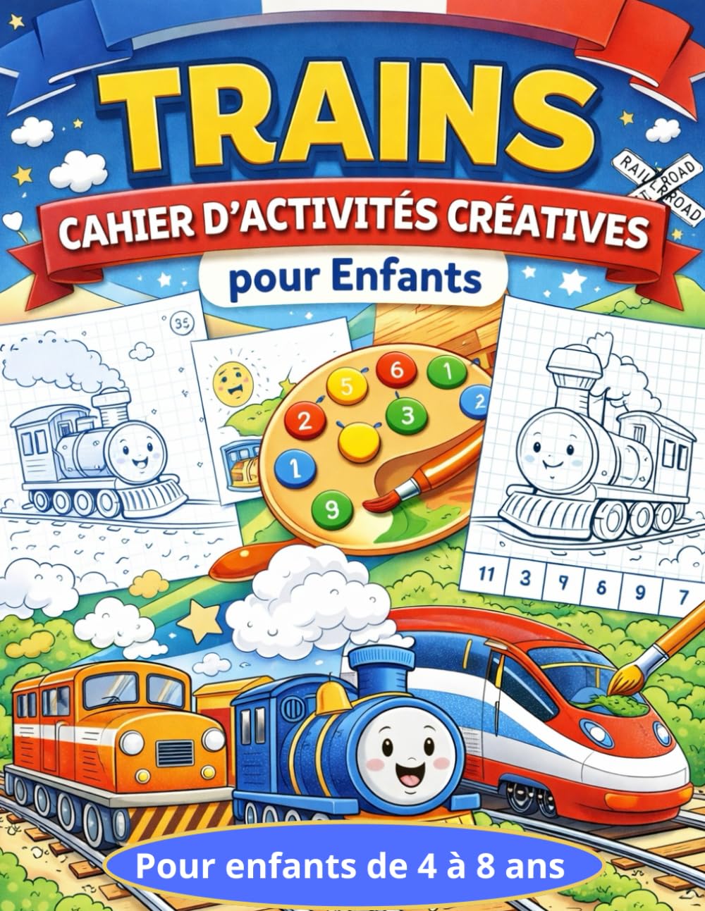 Trains – Cahier d’Activités Créatives pour Enfants: Coloriage, coloriage par numéros et jeux de dessin autour des trains