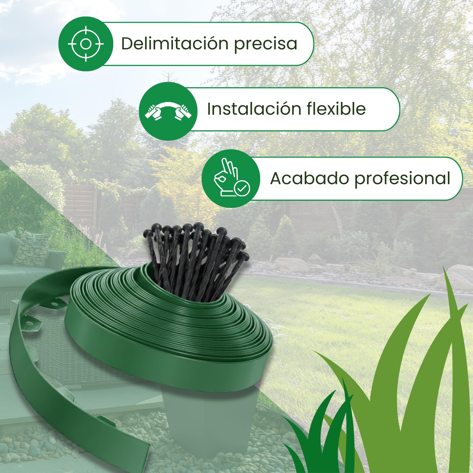 PLANTAWA Borde para Césped Artificial Verde 10m, 30 piquetas | Delimitación y Fijación del Perímetro, Contención de Materiales y Acabado Profesional | Flexible, Discreto y Resistente para Jardín