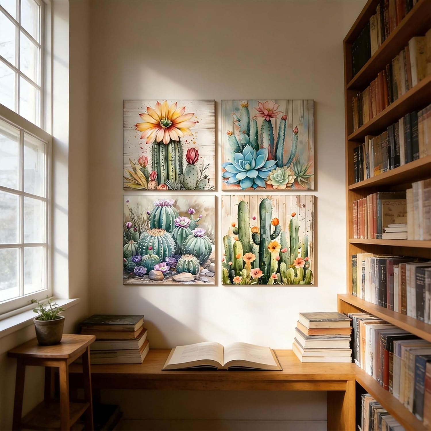 4pcs Cactus Canvas Wall Art Green Succulent Painting Picture Wall Decor Mexican Plants Tropical Flower Poster Print Artwork for Bedroom Living Room Bathroom Kitchen Dorm Office Home Decoration