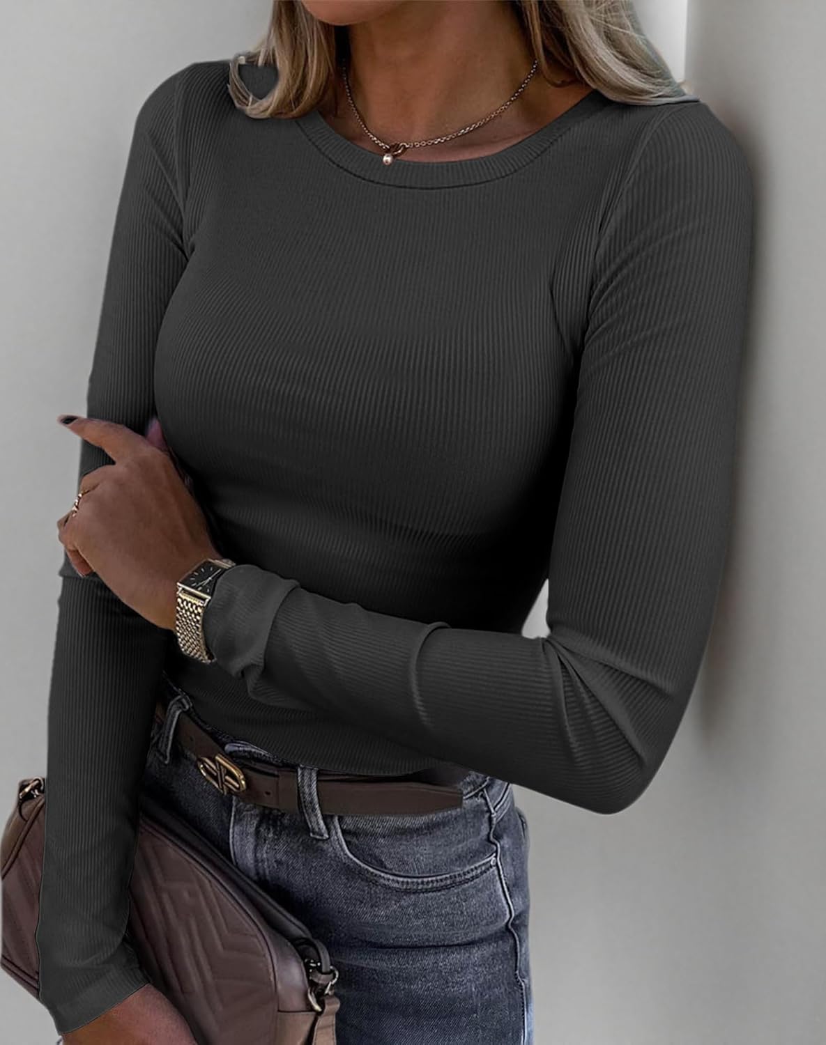 Roselux Womens Long Sleeve Stretch Crewneck Ribbed T-Shirt Fitted Casual Basic Tops - Image 8