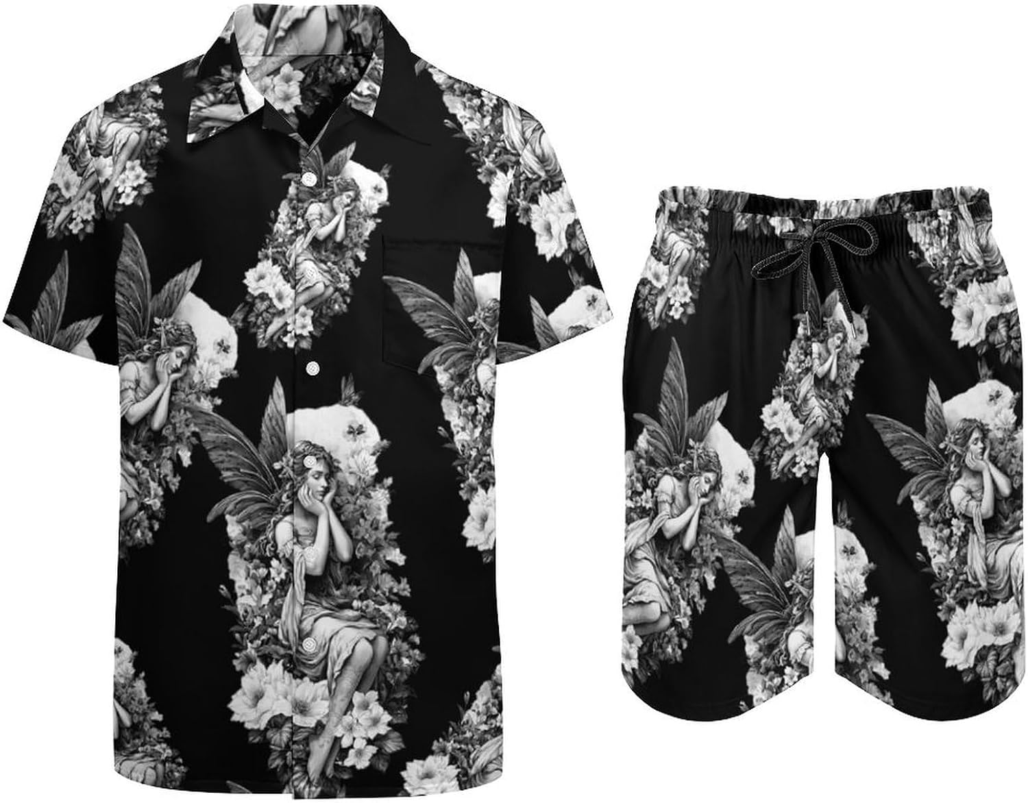 Elfs Fairys Butterflys Florals Men's Summer Beach 2 Piece Outfits | hawaiian button down shirt and shorts,vacation cruise,mens bathing suit