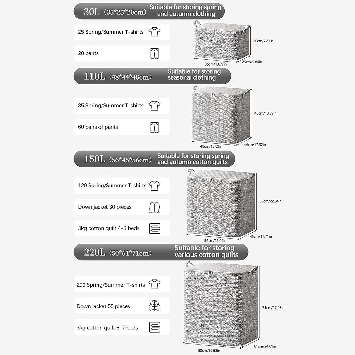 Storage Box 30L/110L/150L/220L Foldable with Zipper and Handle Closet Space Saver Stackable Bin Containers Moving Box Bag Organizer for Clothes Outdoor Bedding Blanket Pillow Quilt (61 * 50 * 70cm) - Image 3