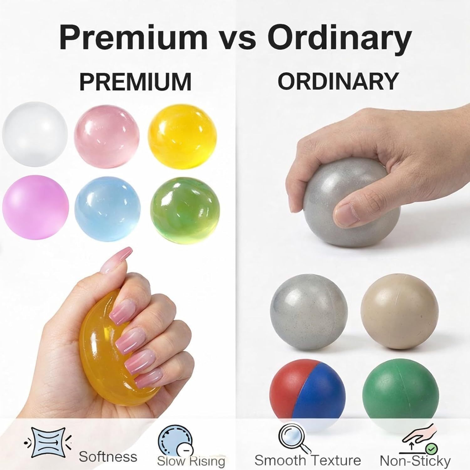 Coconut Oil Squishy, Coconut Oil Stress Ball, 2.4 in Reusable Slow Rising Non-Sticky Odorless Squishy Sensory Malt Sugar Ball, Anxiety Stress Relief Squeeze Toys for Improving Focus(6pcs Mix)