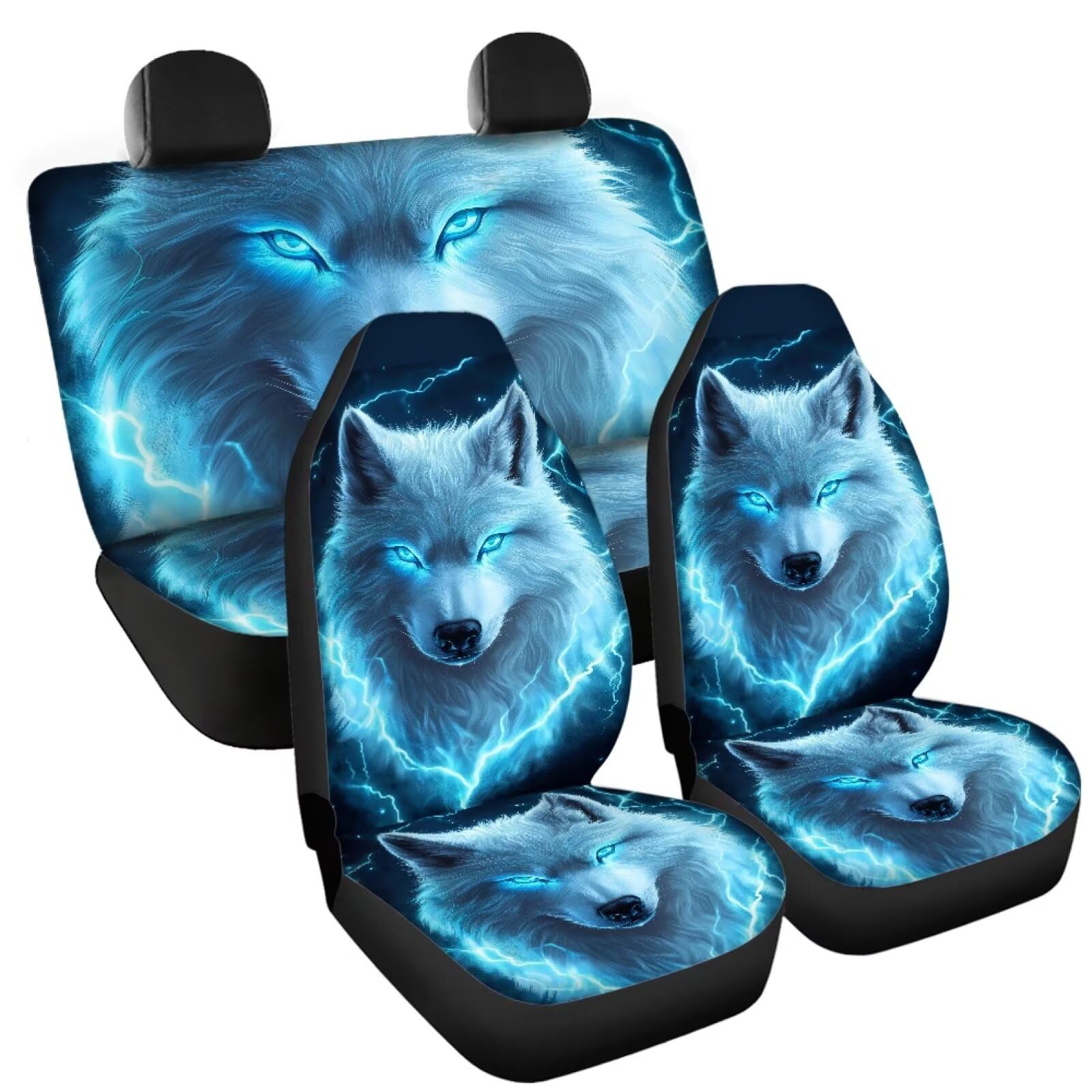 Lot de 4 housses de siège de voiture avant et arrière avec imprimé loup bleu fluo - Accessoires d'intérieur de voiture pour femme