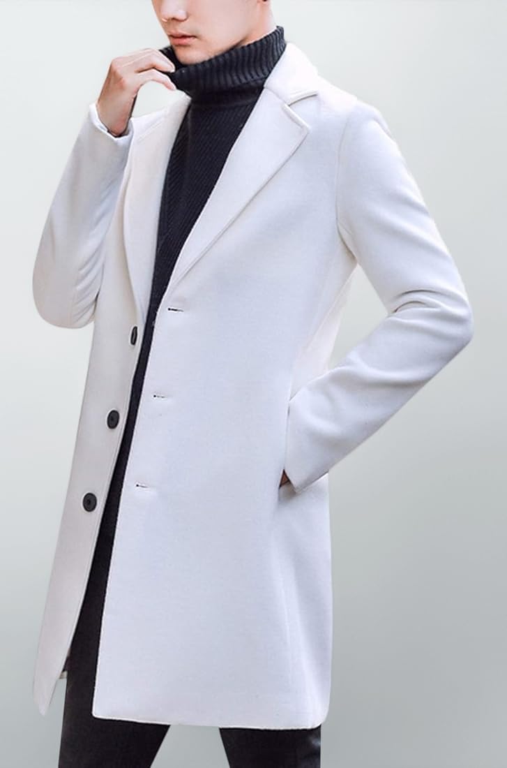 Buy Springrain Men's Notched Lapel Single Breasted Long Pea Coat
