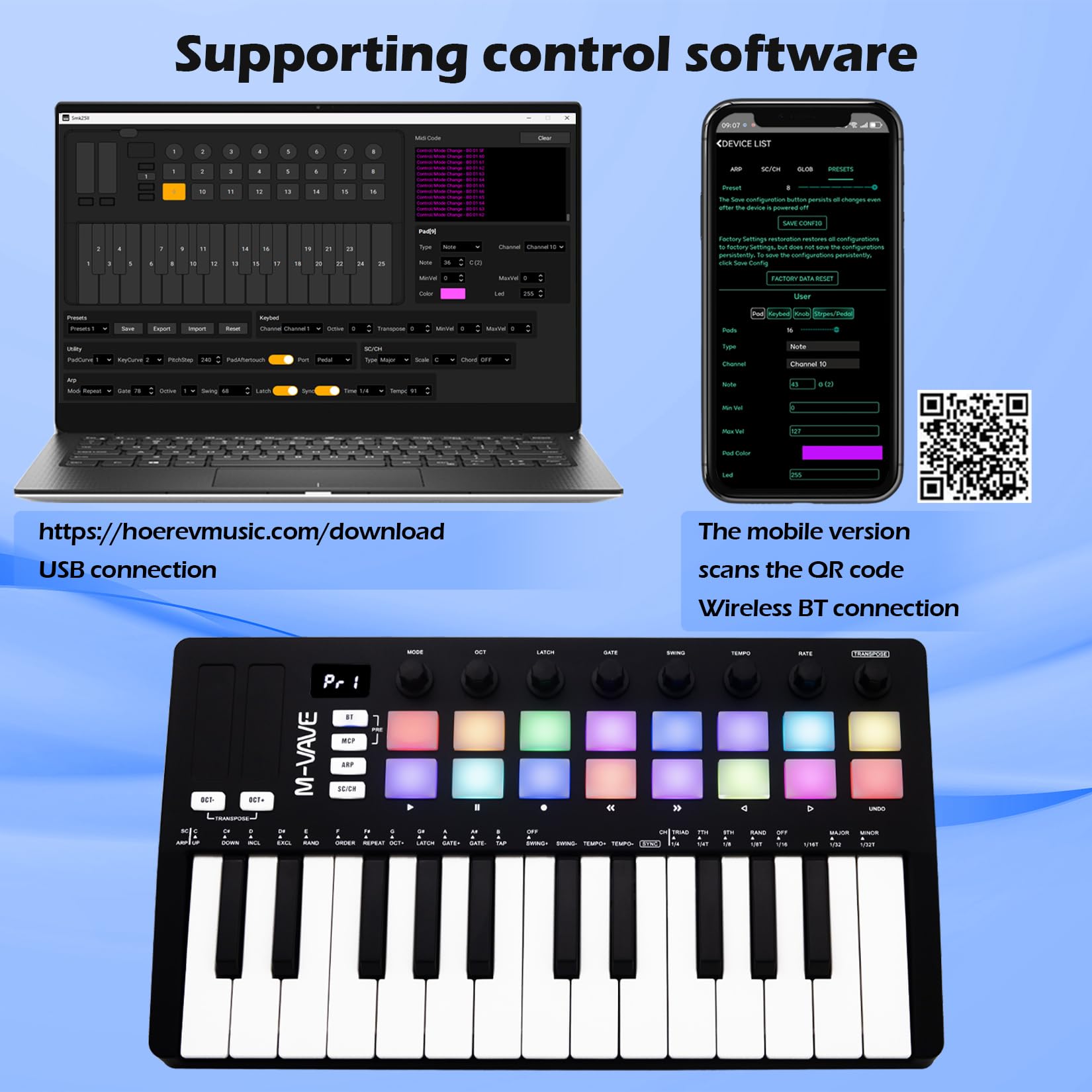 M-VAVE 25 touches 16 pads de batterie rétroéclairés Clavier MIDI - Beat maker professionnel et Keytar pour la production musicale au clavier Batterie intégrée Wireless Connect, MIDI 16 PADS, Noir