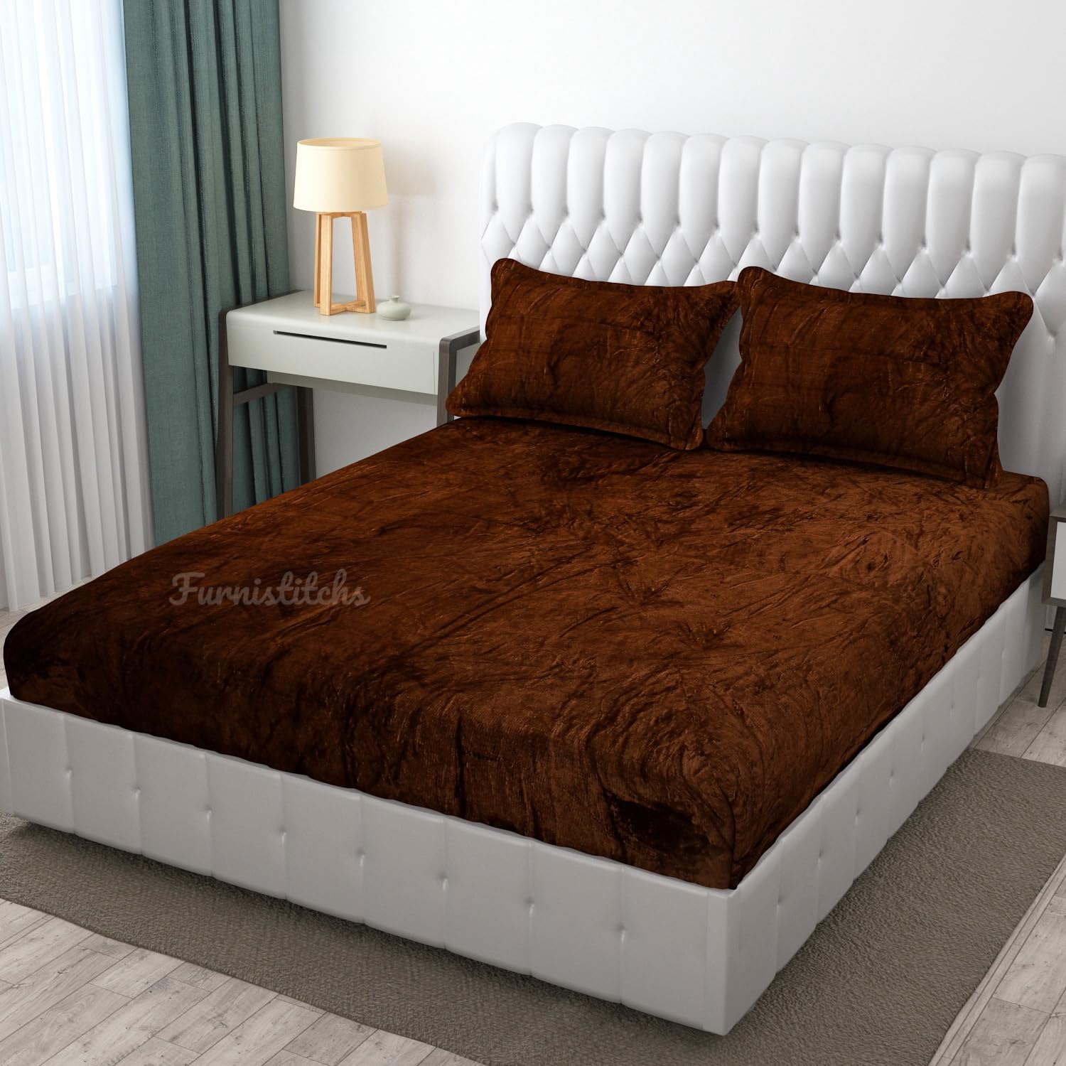 Buy Furnistitchs Velvet Warm Winter Solid Flannel Elastic Fitted Bedsheets for Double Bed King