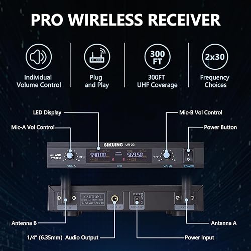 Miniatura 5 de SIKUING Sistema de micrófono inalámbrico, micrófono dinámico inalámbrico dual Pro UHF de metal, frecuencias ajustables de 2 x 30, sistema de